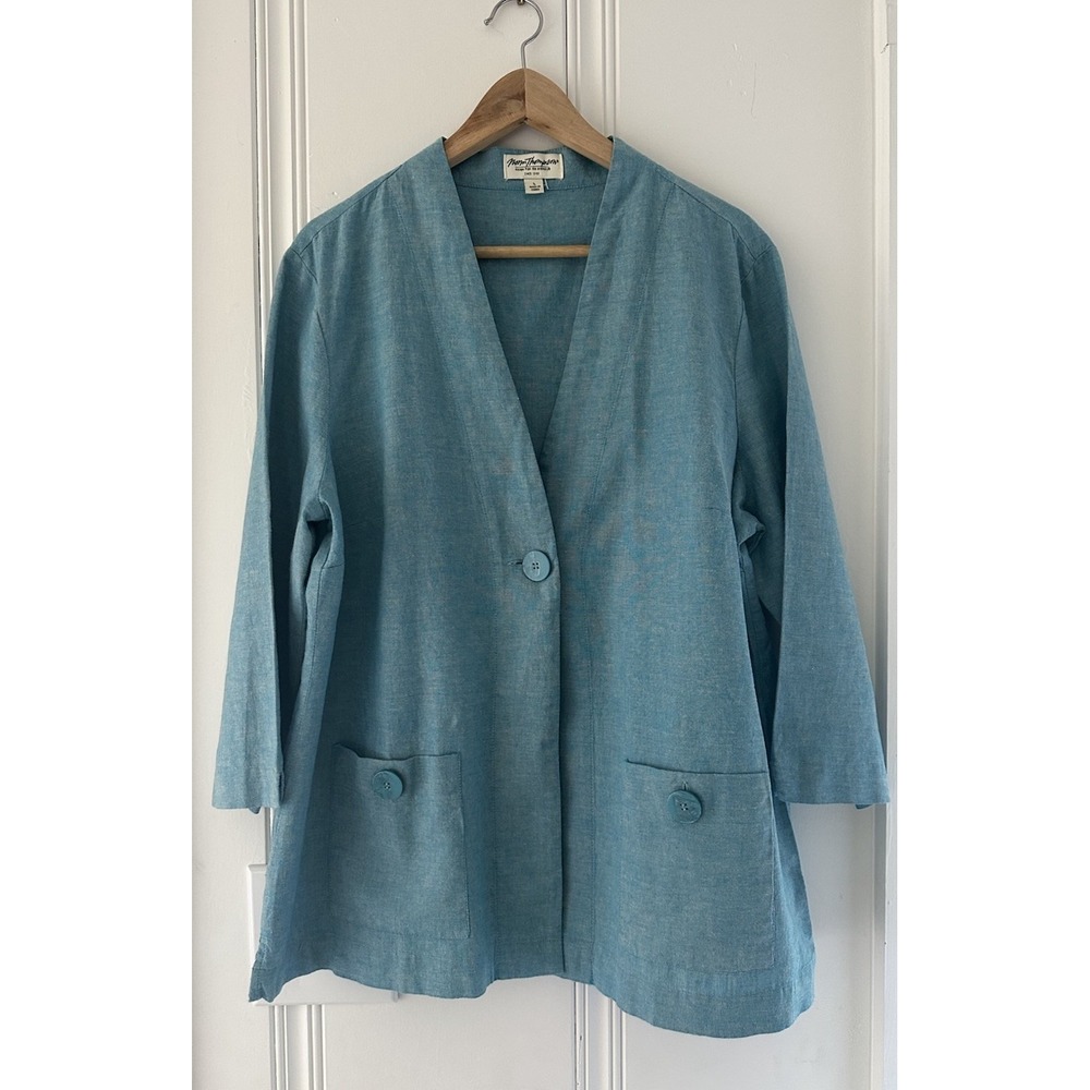Norm Thompson Linen Cotton Jacket Womens L Aqua Blue‎ Coastal Oversized Blazer